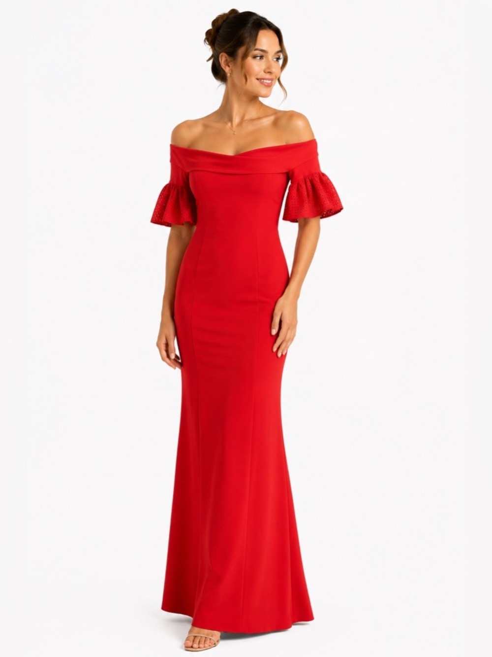 Chiara Boni Red Gown Off Shoulder Ruffle Sleeve Formal Maxi Dress Luxury Euro 44